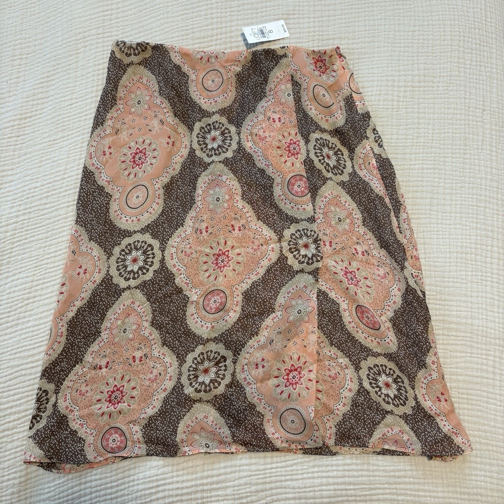 Ann Taylor Loft‎ Skirt 100% Silk Size 8 Y2K Patchwork Slit Pink Peasant NEW